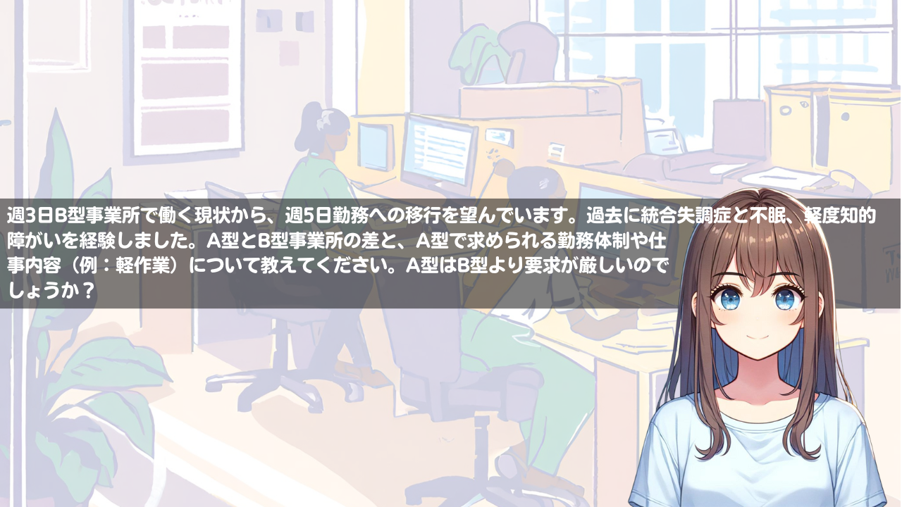 週3日B型事業所で働く現状から、週5日勤務への移行を望んでいます。過去に統合失調症と不眠、軽度知的障がいを経験しました。A型とB型事業所の差と、A型で求められる勤務体制や仕事内容（例：軽作業）について教えてください。A型はB型より要求が厳しいのでしょうか？