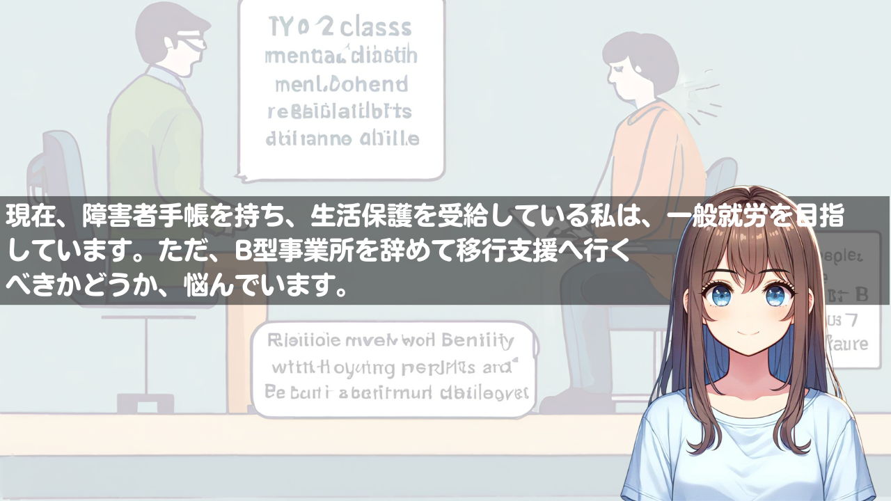 現在、私は精神障害者保健福祉手帳２級と療育手帳Ｂ２の障害者手帳を持ち、生活保護を受給しています。また、就労継続支援B型事業所に通っていますが、将来的には一般就労（障害者雇用枠の就労）を目指しています。しかし、B型作業所をやめて就労移行支援に通うべきかどうか、悩んでいます。