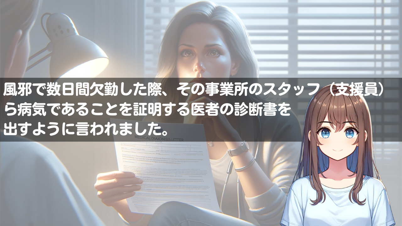 風邪で数日間欠勤した際、その事業所のスタッフ（支援員）から病気であることを証明する医者の診断書を出すように言われました。